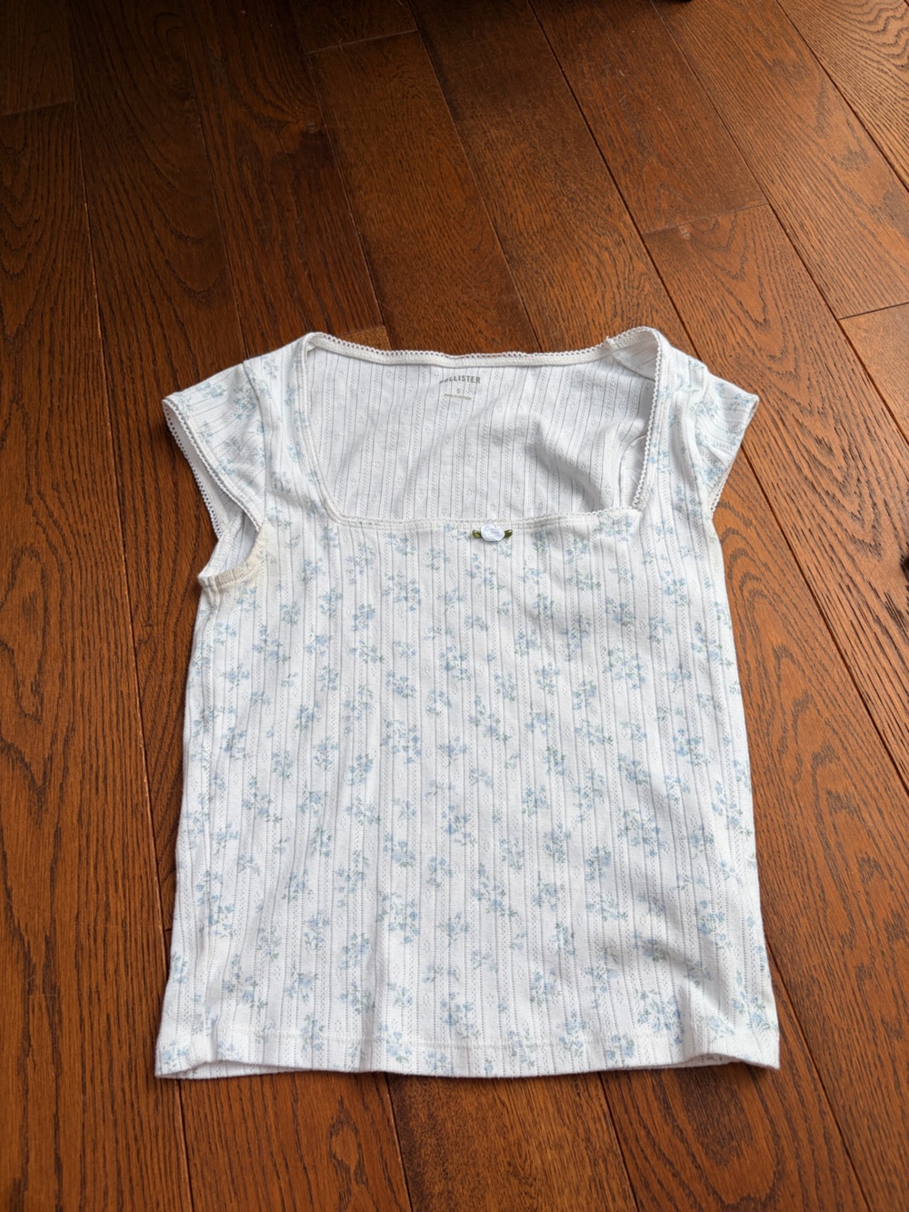 Hollister Square-Neck Floral Tank Top - White with Light Blue